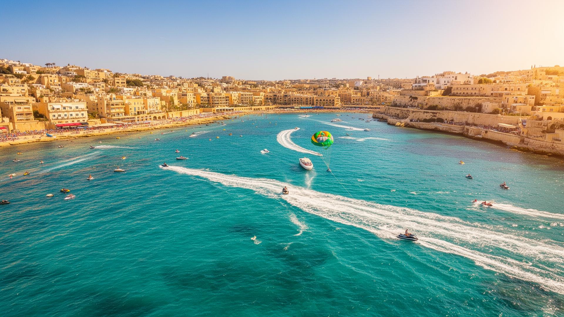 Aerial view of water sports in Sliema Bay, Malta